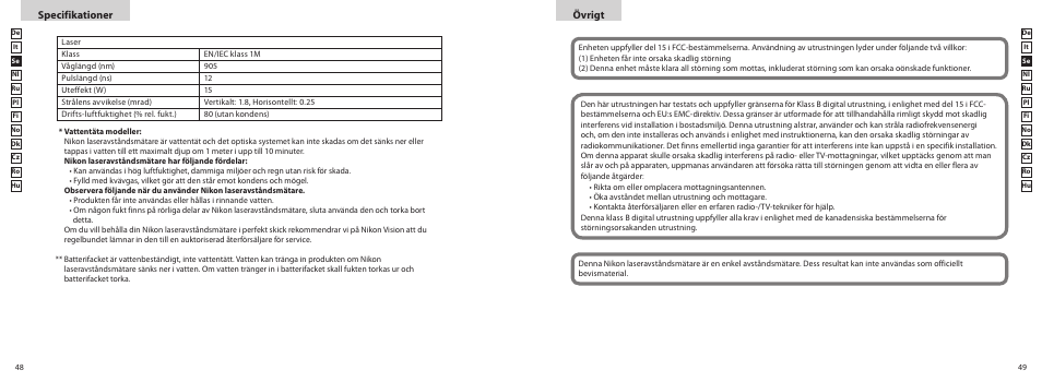 Övrigt, Specifikationer | Nikon PROSTAFF User Manual | Page 25 / 99