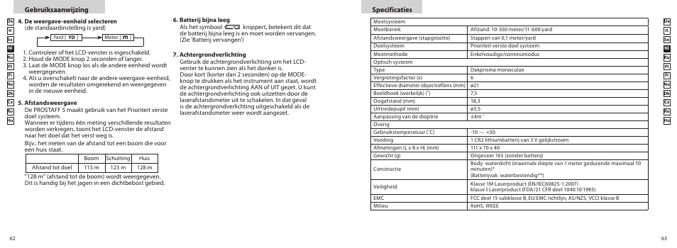 Specificaties, Gebruiksaanwijzing | Nikon PROSTAFF User Manual | Page 32 / 99