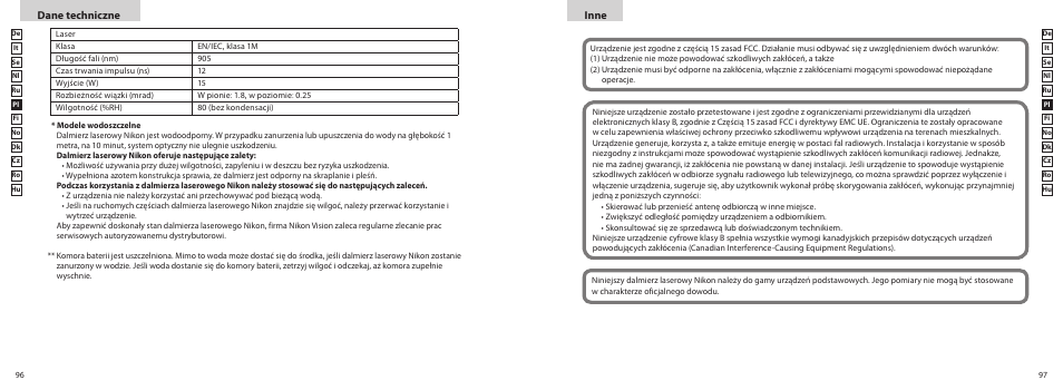 Inne, Dane techniczne | Nikon PROSTAFF User Manual | Page 49 / 99