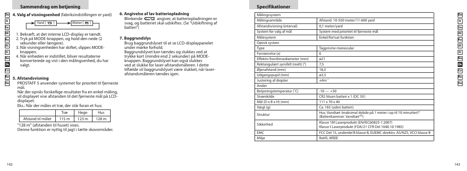 Specifikationer, Sammendrag om betjening | Nikon PROSTAFF User Manual | Page 72 / 99
