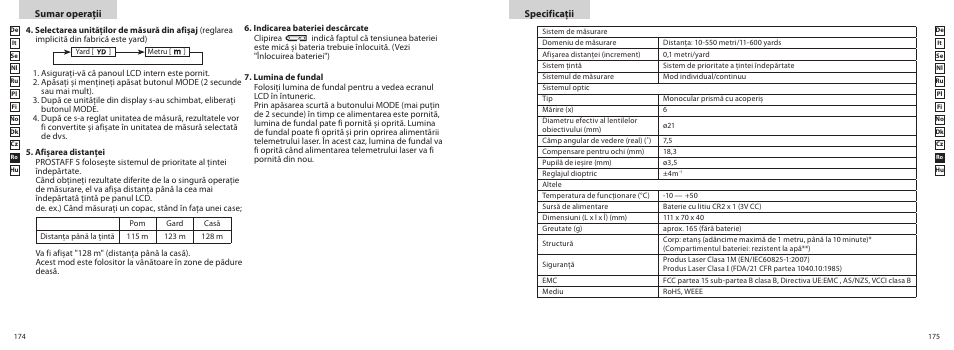 Specificaţii, Sumar operaţii | Nikon PROSTAFF User Manual | Page 88 / 99