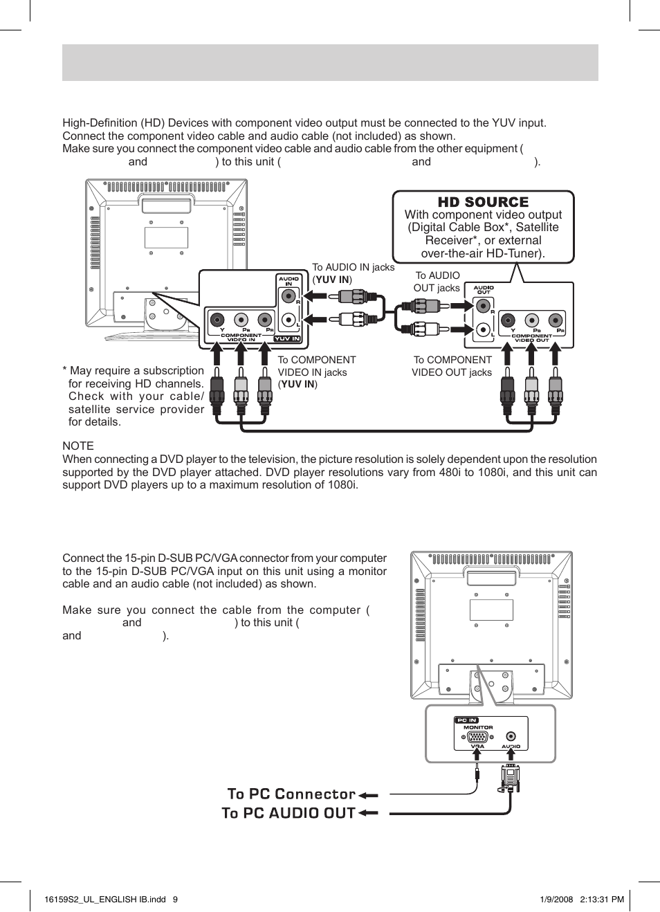 Connections, Connecting a high-definition (hd) source, Connecting a pc | Audiovox FPE1508 User Manual | Page 10 / 19
