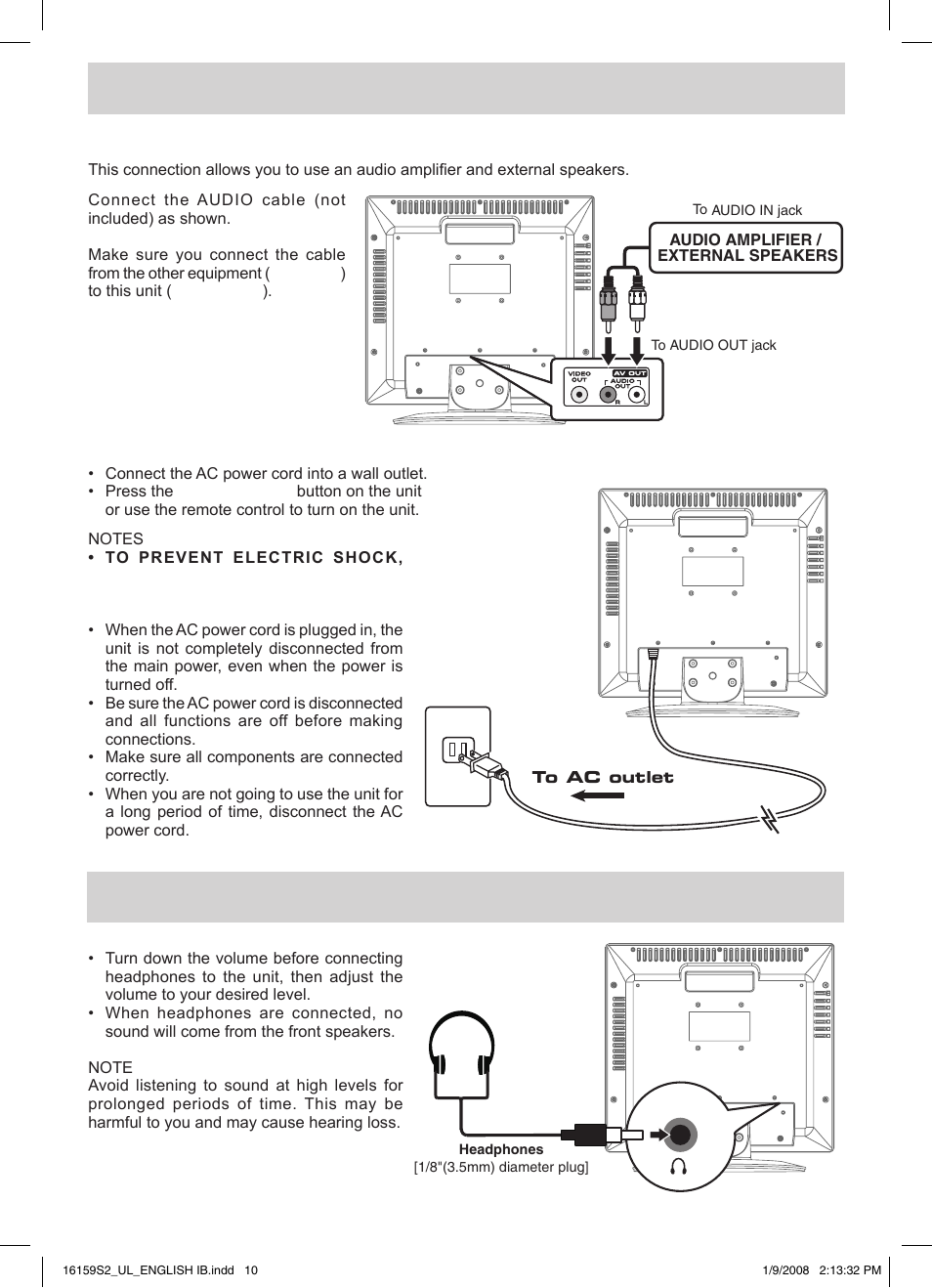 Using headphones, Connections, Connecting an audio amplifier | Connecting the ac power cord | Audiovox FPE1508 User Manual | Page 11 / 19