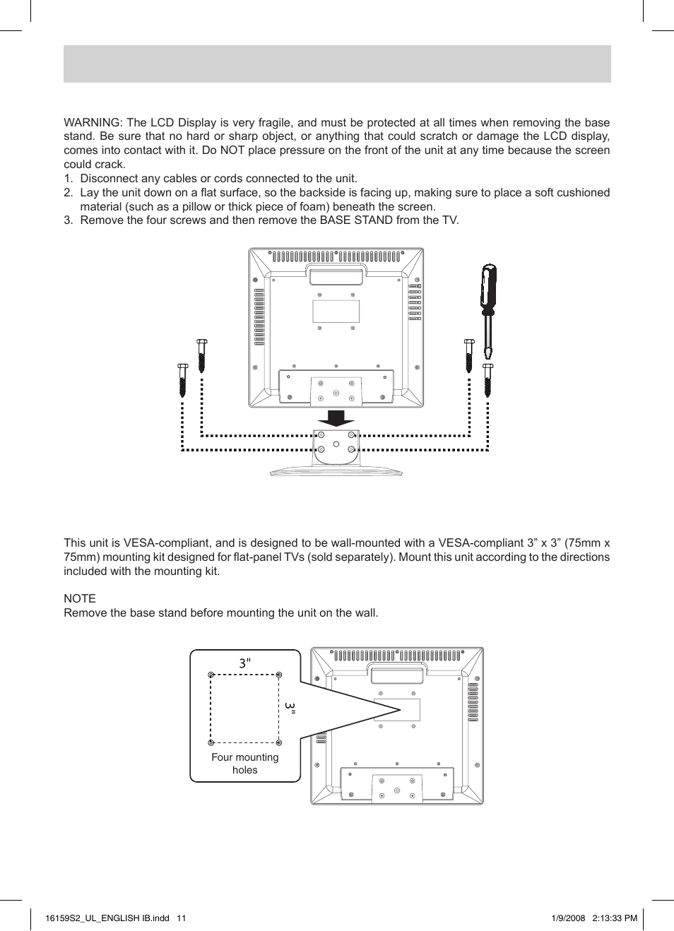 Installation, Mounting on the wall, Removing the base stand | Audiovox FPE1508 User Manual | Page 12 / 19