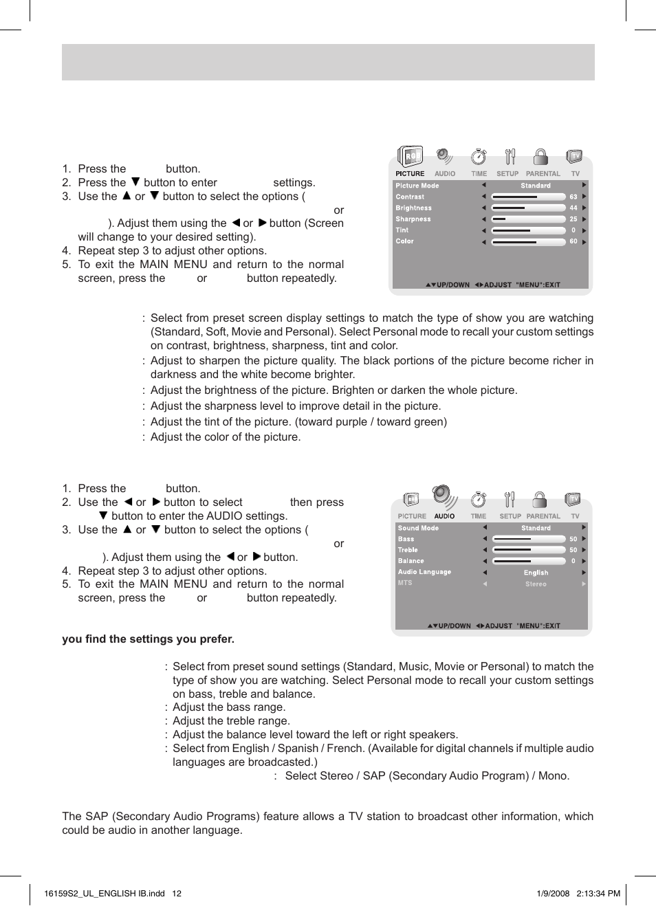 Tv setup, Picture menu, Audio menu | Audiovox FPE1508 User Manual | Page 13 / 19