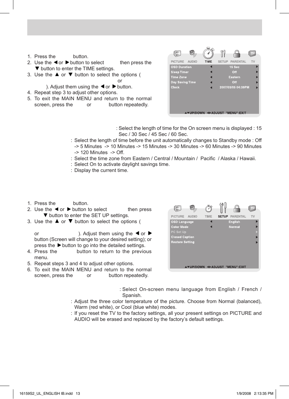 Tv setup, Time menu, Setup menu | Audiovox FPE1508 User Manual | Page 14 / 19