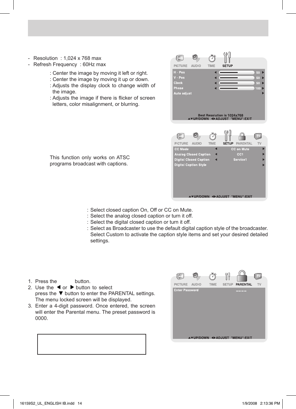 Tv setup, Parental menu | Audiovox FPE1508 User Manual | Page 15 / 19