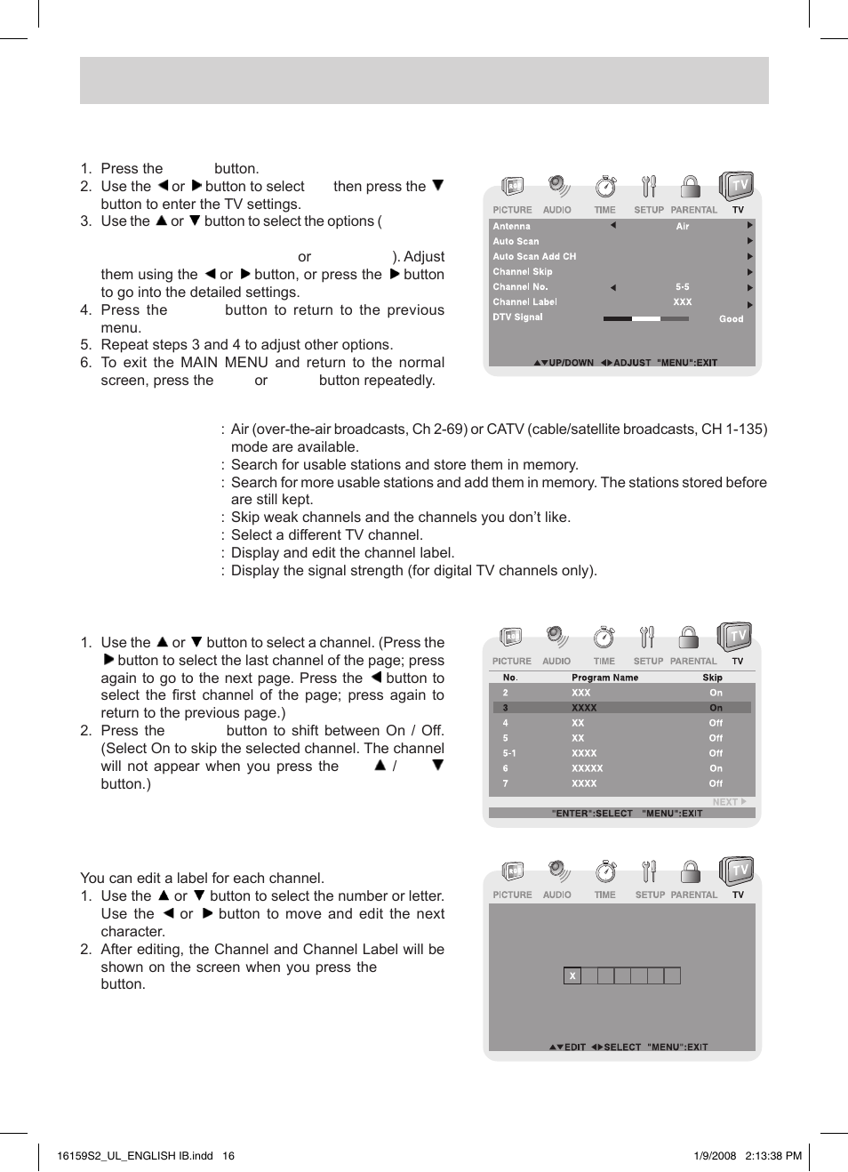 Tv setup, Tv menu (for tv mode only) | Audiovox FPE1508 User Manual | Page 17 / 19