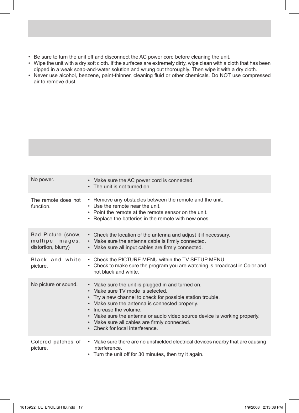Maintenance, Troubleshooting guide | Audiovox FPE1508 User Manual | Page 18 / 19