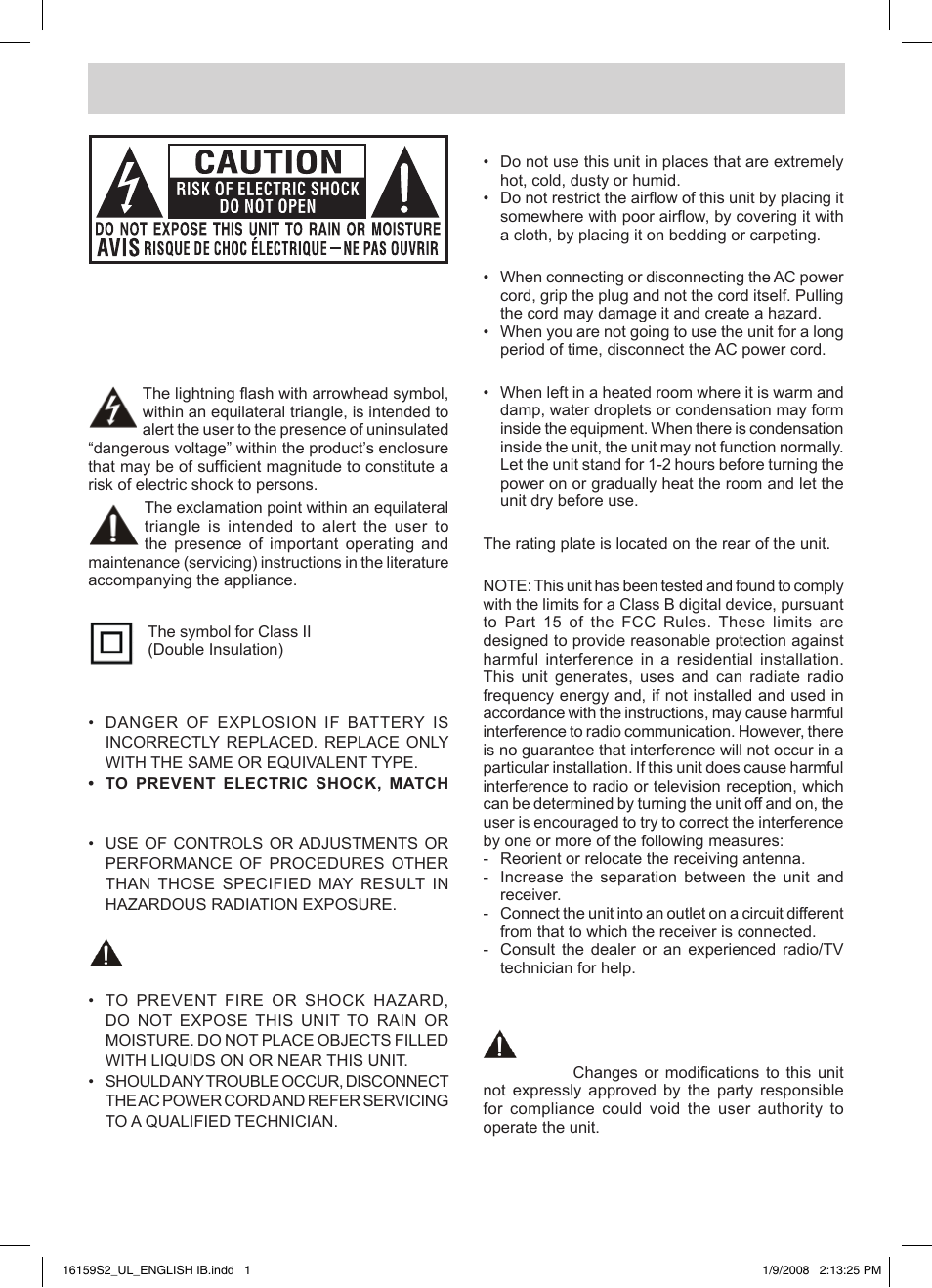 Safety precautions, Placement information, Safety information | Condensation information, Rating plate location, Fcc statements | Audiovox FPE1508 User Manual | Page 2 / 19