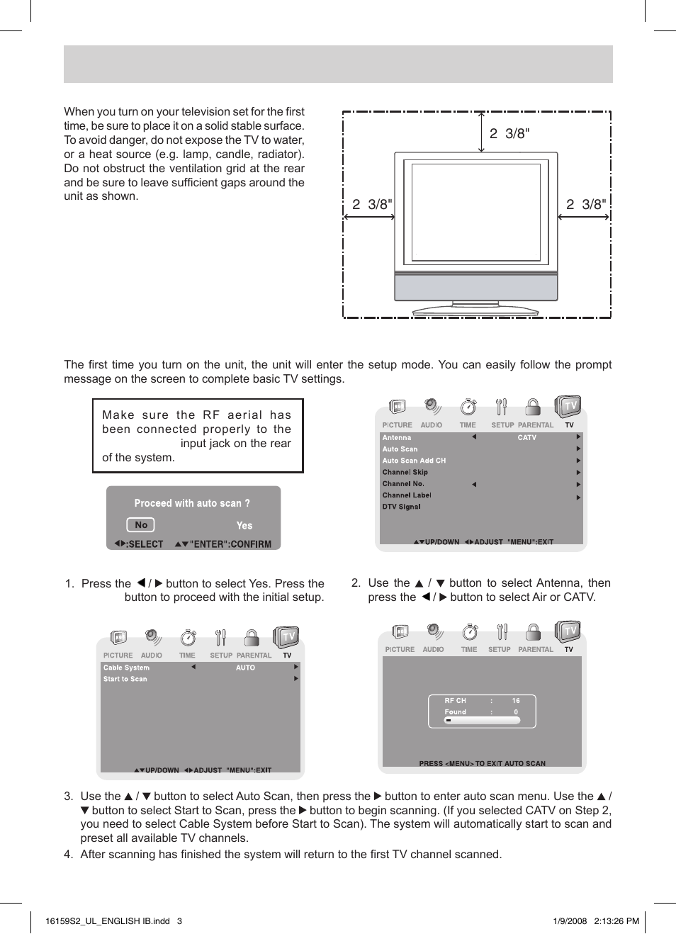 Quick installation, Turning on the unit for the first time | Audiovox FPE1508 User Manual | Page 4 / 19