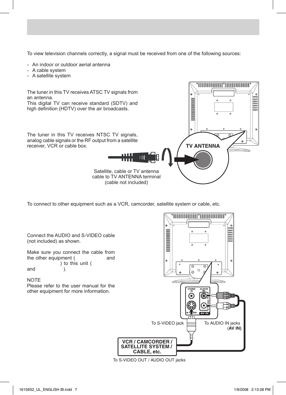 Connections, Connecting a tv antenna / cable / satellite, Connecting an a/v device | Connecting a digital antenna, Connecting an analog antenna or device | Audiovox FPE1508 User Manual | Page 8 / 19