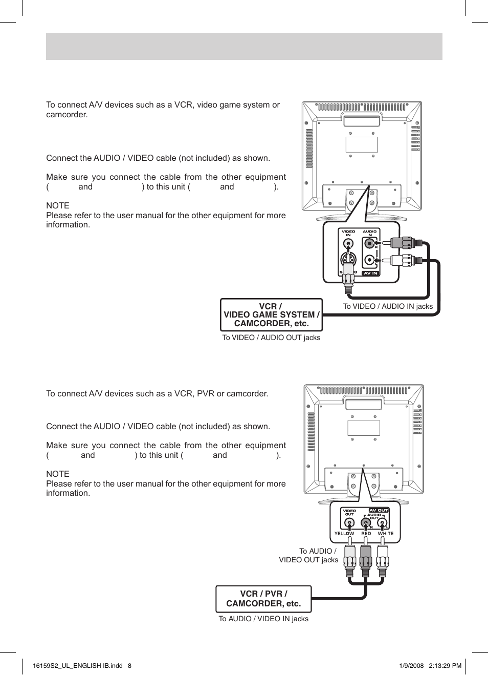 Connections, Connecting to a vcr / pvr / camcorder | Audiovox FPE1508 User Manual | Page 9 / 19