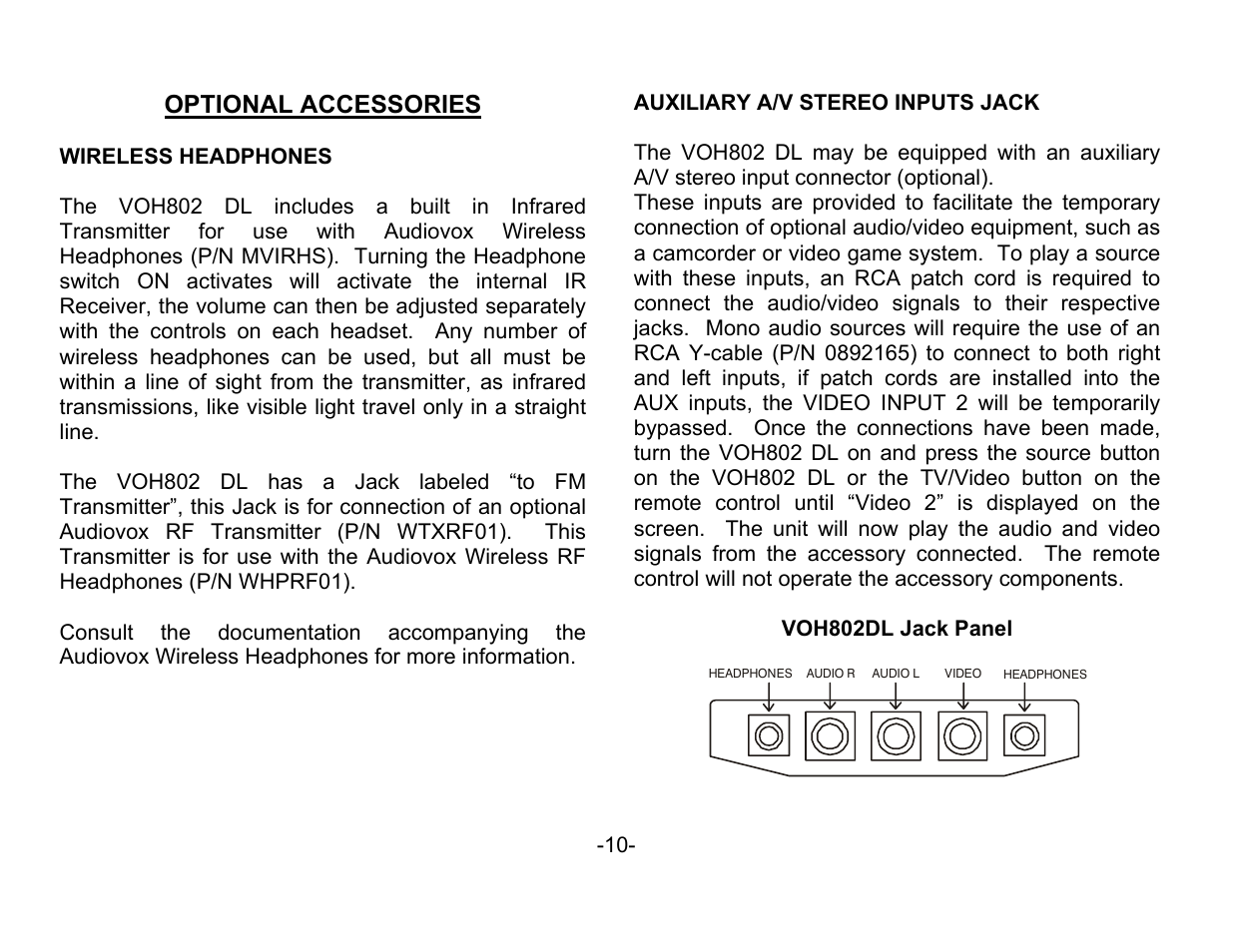 Optional accessories | Audiovox VOH802 User Manual | Page 11 / 16