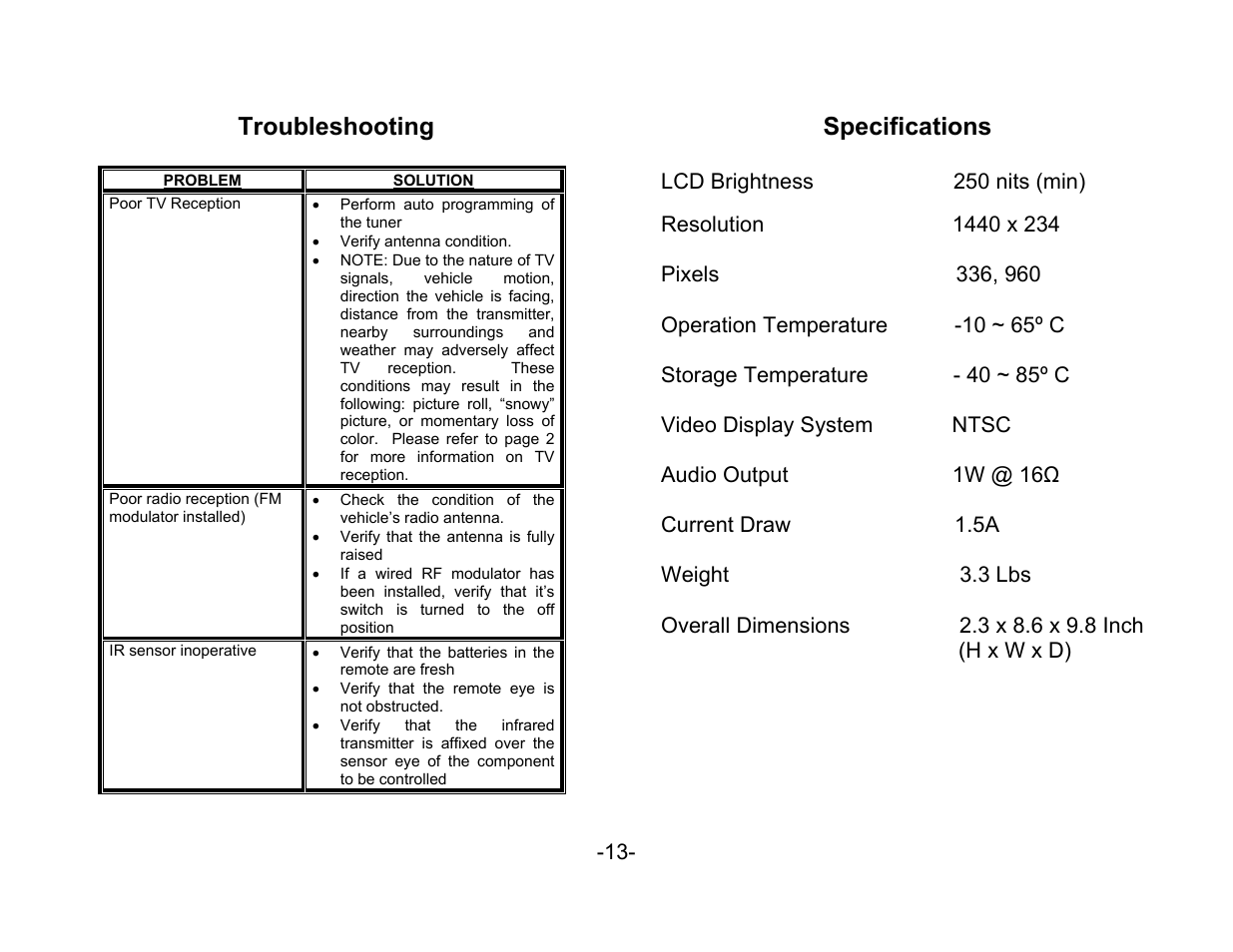 Troubleshooting, Specifications | Audiovox VOH802 User Manual | Page 14 / 16