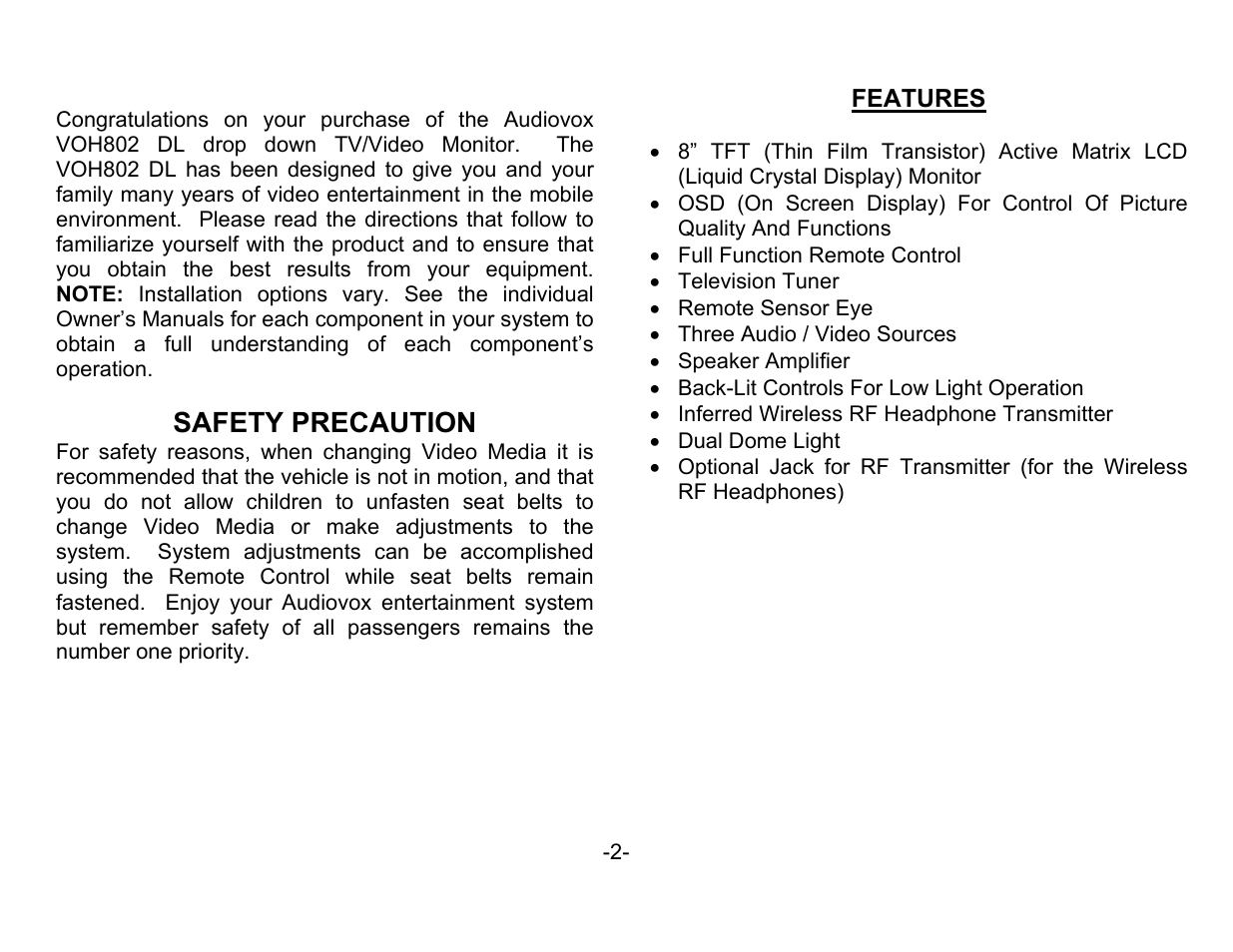 Safety precaution | Audiovox VOH802 User Manual | Page 3 / 16