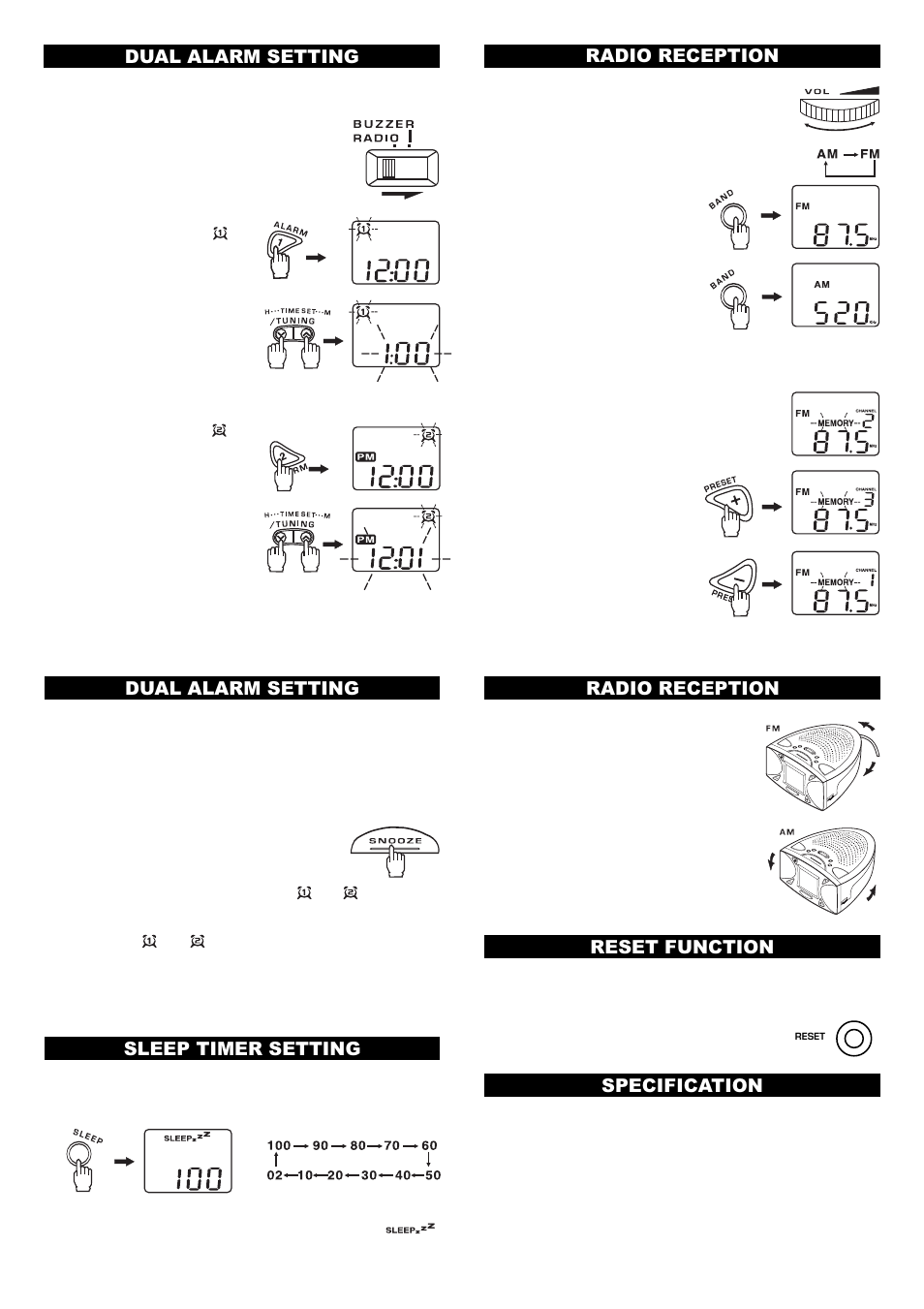 Dual alarm setting, Radio reception, Reset function | Audiovox CR-308 User Manual | Page 2 / 2