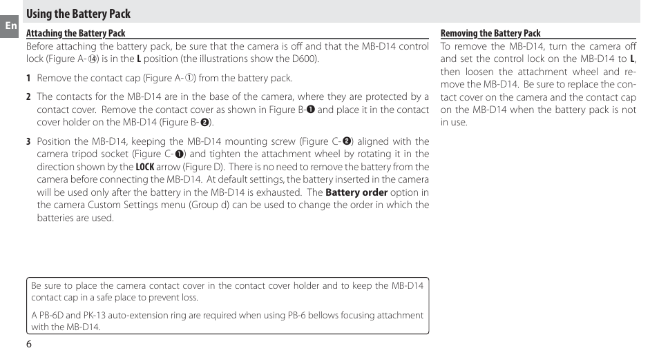 Using the battery pack, Attaching the battery pack, Removing the battery pack | Nikon MB-D14 User Manual | Page 10 / 244