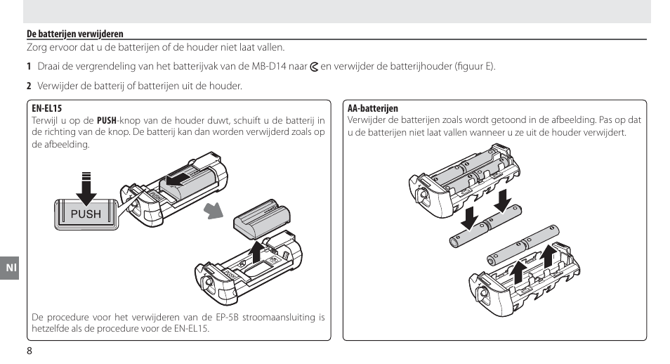 De batterijen verwijderen | Nikon MB-D14 User Manual | Page 102 / 244