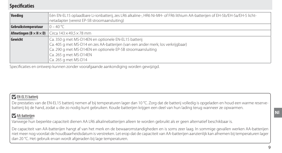 Specificaties, Specifi caties | Nikon MB-D14 User Manual | Page 103 / 244