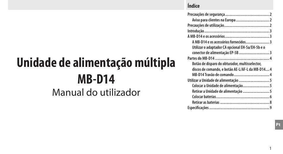 Índice, Unidade de alimentação múltipla mb-d14, Manual do utilizador | Nikon MB-D14 User Manual | Page 105 / 244