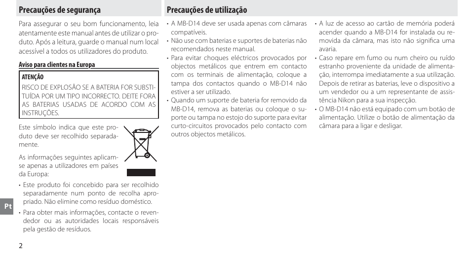 Precauções de segurança, Aviso para clientes na europa, Precauções de utilização | Nikon MB-D14 User Manual | Page 106 / 244