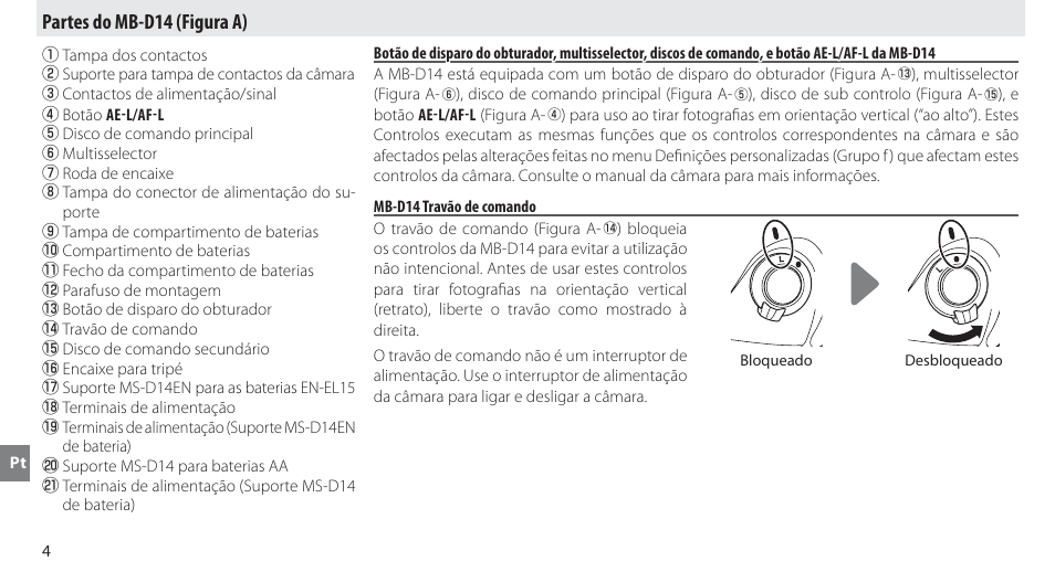 Partes do mb-d14, Mb-d14 travão de comando, Partes do mb-d14 (figura a) | Nikon MB-D14 User Manual | Page 108 / 244