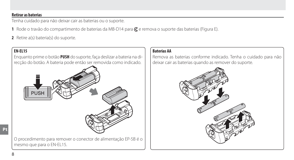 Retirar as baterias | Nikon MB-D14 User Manual | Page 112 / 244