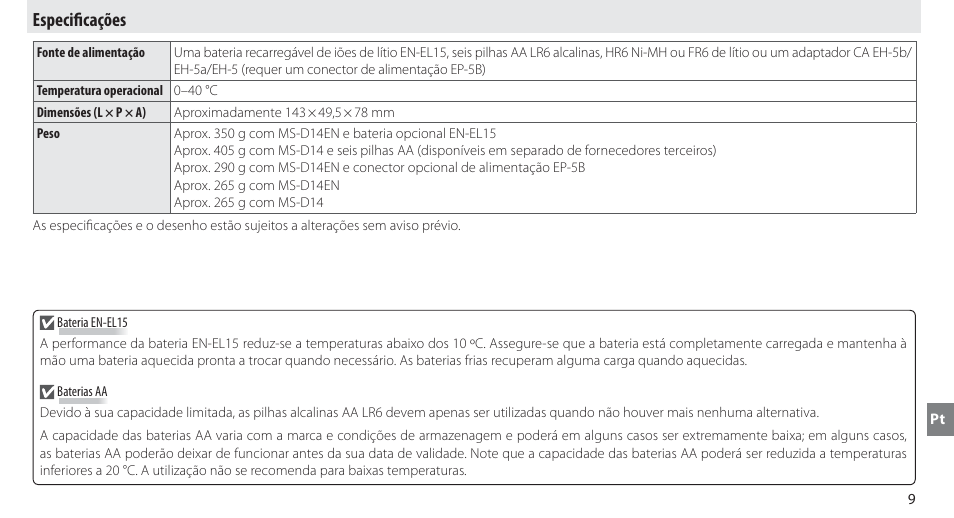 Especificações, Especifi cações | Nikon MB-D14 User Manual | Page 113 / 244