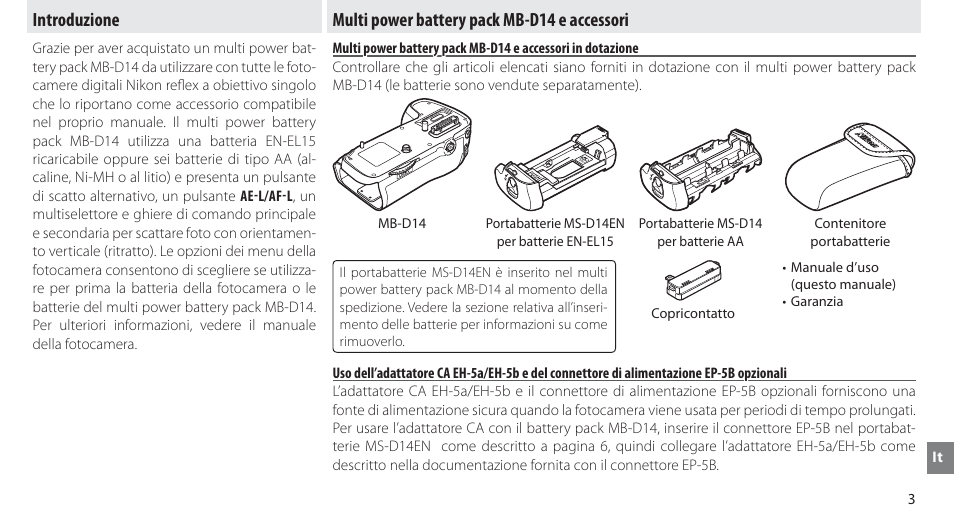 Introduzione, Multi power battery pack mb-d14 e accessori | Nikon MB-D14 User Manual | Page 117 / 244