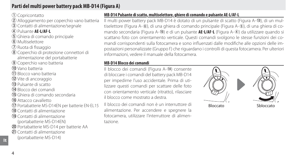 Parti del multi power battery pack mb-d14, Mb-d14 blocco dei comandi | Nikon MB-D14 User Manual | Page 118 / 244