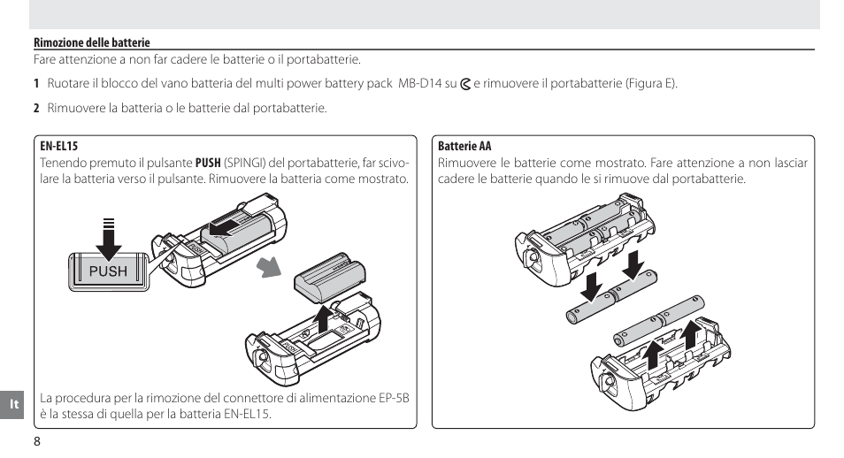 Rimozione delle batterie | Nikon MB-D14 User Manual | Page 122 / 244