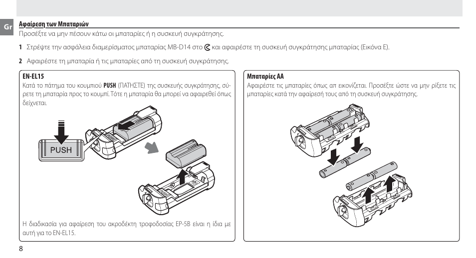 Αφαίρεση των μπαταριών | Nikon MB-D14 User Manual | Page 132 / 244