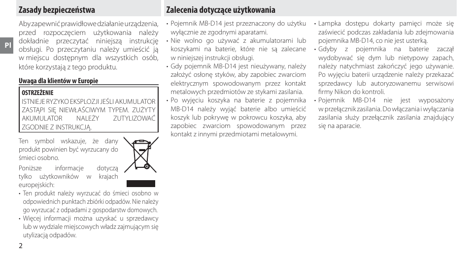 Zasady bezpieczeństwa, Uwaga dla klientów w europie, Zalecenia dotyczące użytkowania | Nikon MB-D14 User Manual | Page 136 / 244