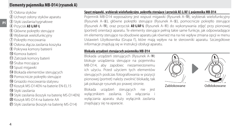 Elementy pojemnika mb-d14, Blokada urządzeń sterujących pojemnika mb-d14, Elementy pojemnika mb-d14 (rysunek a) | Nikon MB-D14 User Manual | Page 138 / 244