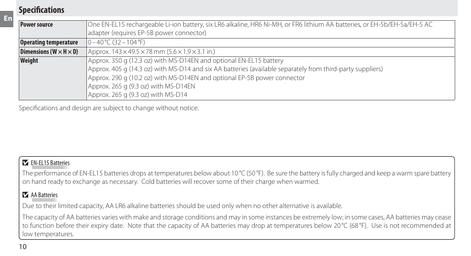 Specifications, Specifi cations | Nikon MB-D14 User Manual | Page 14 / 244