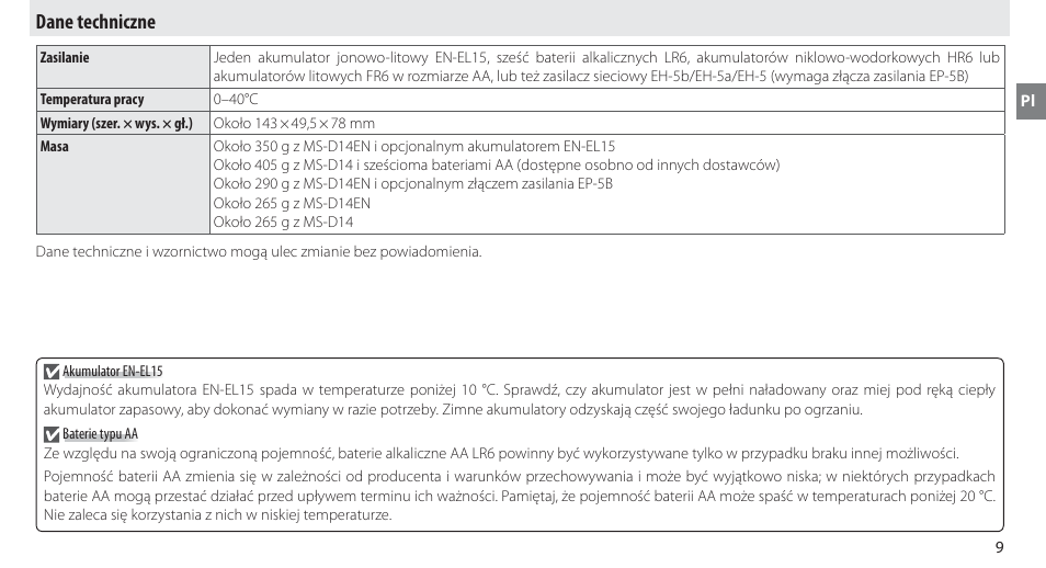 Dane techniczne | Nikon MB-D14 User Manual | Page 143 / 244