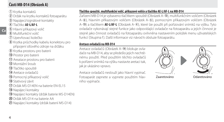 Části mb-d14, Aretace ovladačů na mb-d14, Části mb-d14 (obrázek a) | Nikon MB-D14 User Manual | Page 148 / 244