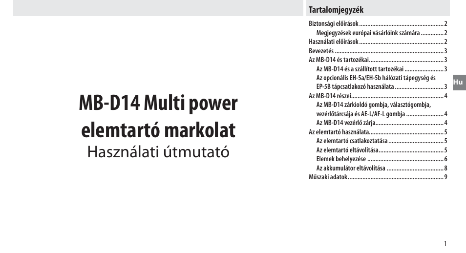 Tartalomjegyzék, Mb-d14 multi power elemtartó markolat, Használati útmutató | Nikon MB-D14 User Manual | Page 155 / 244