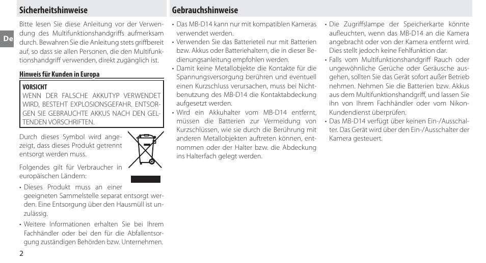 Sicherheitshinweise, Hinweis für kunden in europa, Gebrauchshinweise | Nikon MB-D14 User Manual | Page 16 / 244