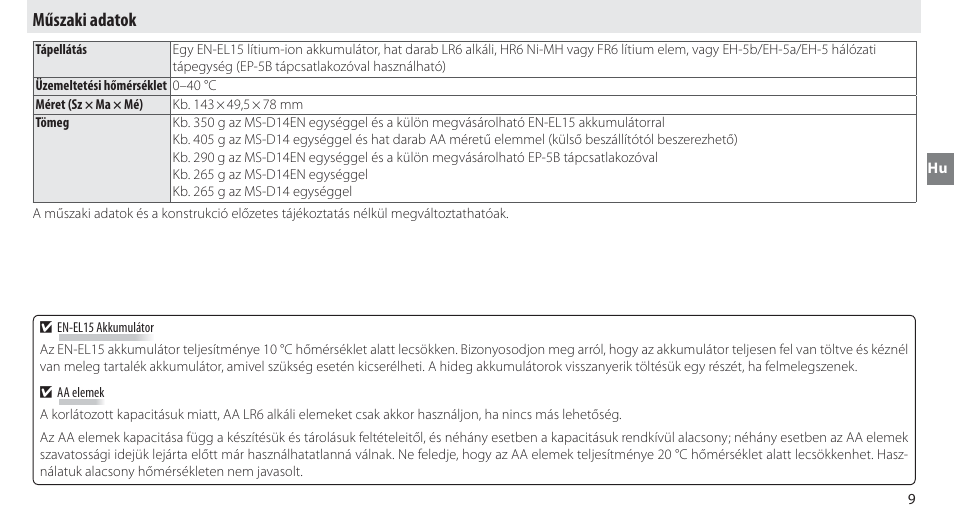 Műszaki adatok | Nikon MB-D14 User Manual | Page 163 / 244