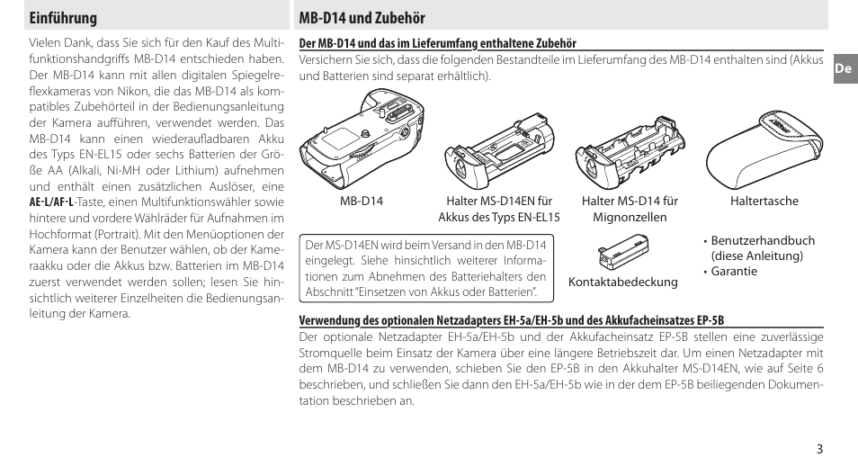 Einführung, Mb-d14 und zubehör, Einführung mb-d14 und zubehör | Nikon MB-D14 User Manual | Page 17 / 244