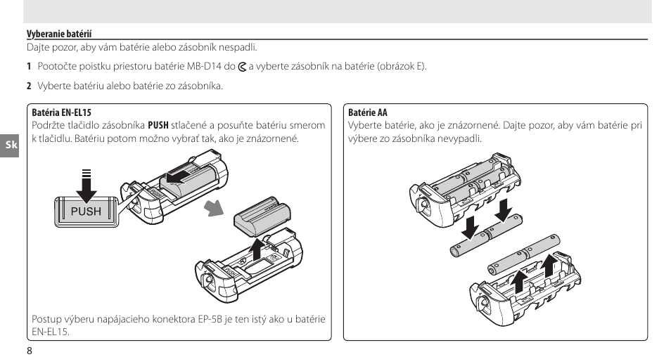 Vyberanie batérií | Nikon MB-D14 User Manual | Page 172 / 244