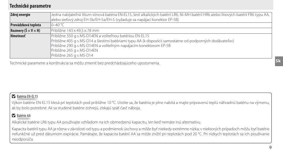 Technické parametre | Nikon MB-D14 User Manual | Page 173 / 244