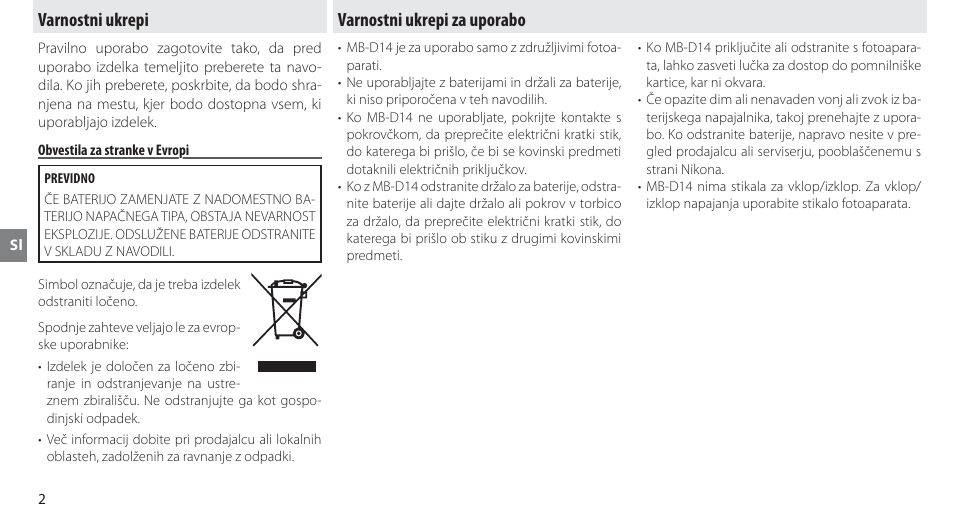 Varnostni ukrepi, Obvestila za stranke v evropi, Varnostni ukrepi za uporabo | Nikon MB-D14 User Manual | Page 176 / 244