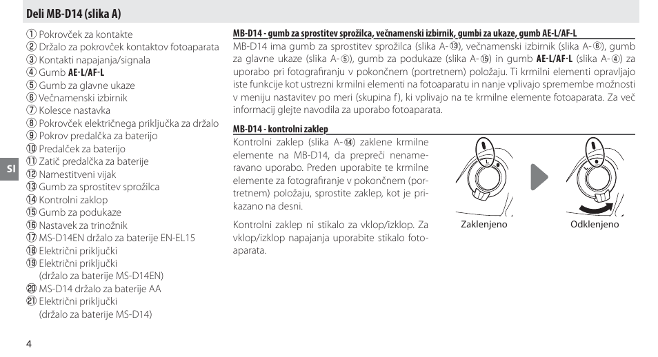 Deli mb-d14, Mb-d14 - kontrolni zaklep, Deli mb-d14 (slika a) | Nikon MB-D14 User Manual | Page 178 / 244