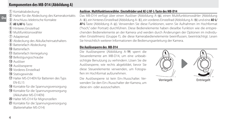 Komponenten des mb-d14, Die auslösesperre des mb-d14, Komponenten des mb-d14 (abbildung a) | Nikon MB-D14 User Manual | Page 18 / 244