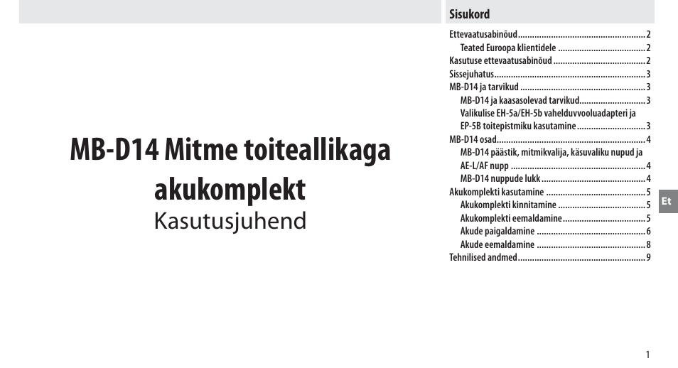 Sisukord, Mb-d14 mitme toiteallikaga akukomplekt, Kasutusjuhend | Nikon MB-D14 User Manual | Page 185 / 244