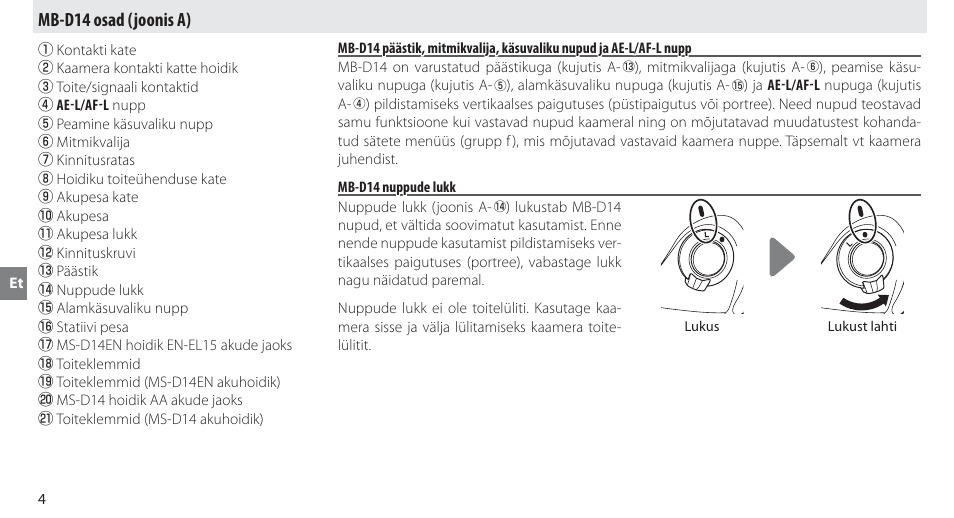 Mb-d14 osad, Mb-d14 nuppude lukk, Mb-d14 osad (joonis a) | Nikon MB-D14 User Manual | Page 188 / 244