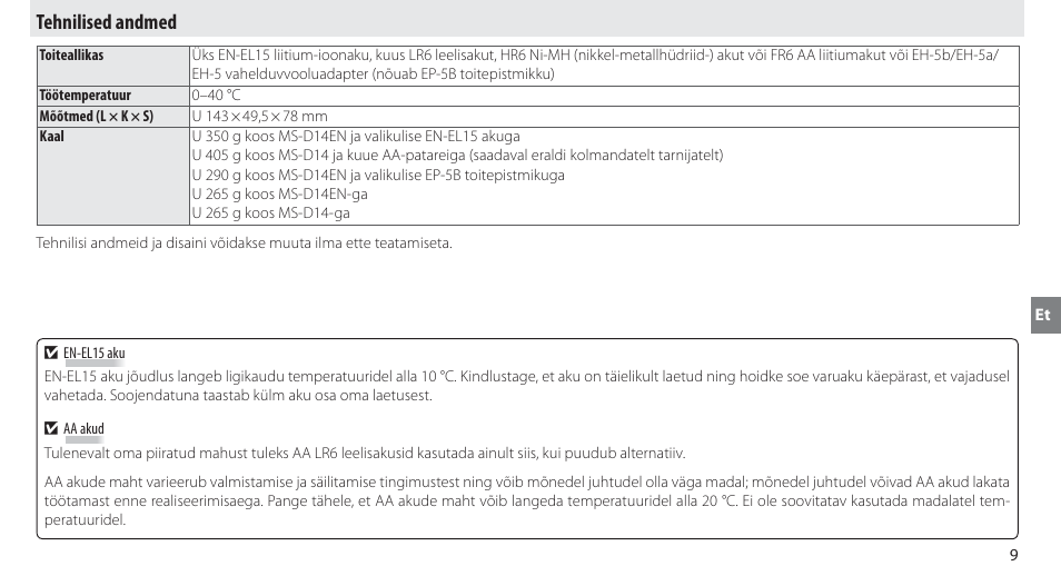 Tehnilised andmed | Nikon MB-D14 User Manual | Page 193 / 244